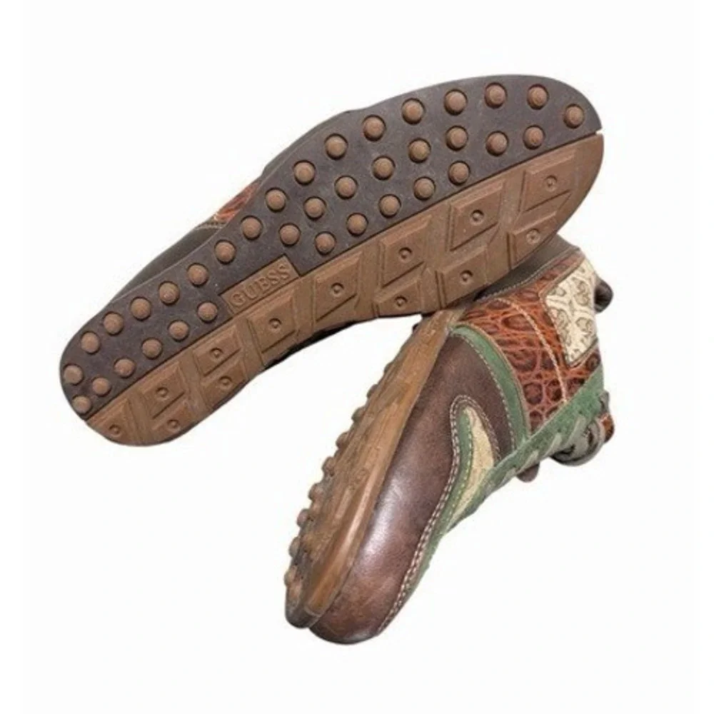 Guess by Marciano Sneakers Mens 8.5 Brown Green Croc Embossed Monogram Suede EUC